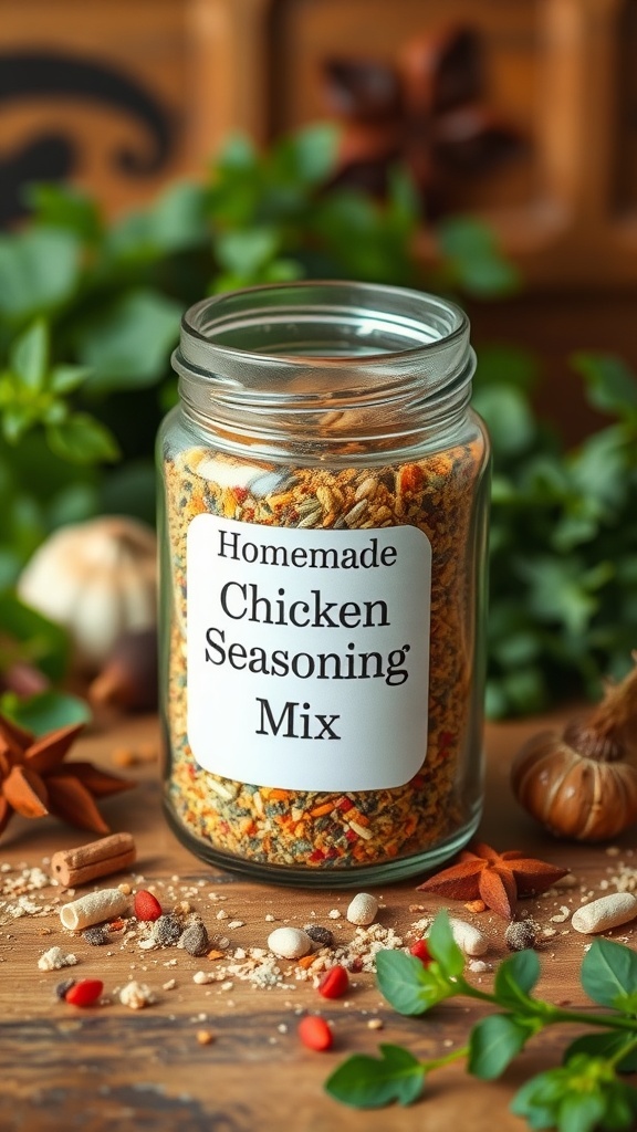 Homemade Chicken Seasoning Mix Recipe A jar of homemade chicken seasoning mix with herbs and spices on a wooden countertop.